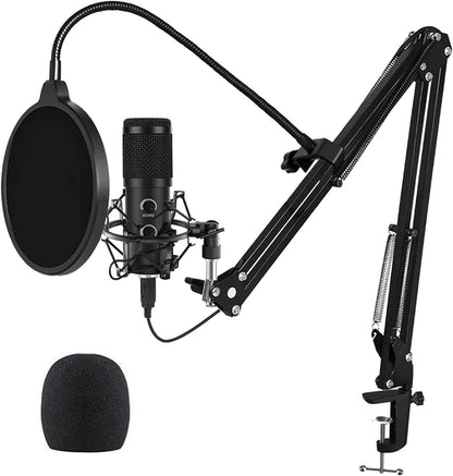 Upgraded USB Microphone for Computer, Mic for Gaming, Podcast, Live Streaming, Youtube on PC, Mic Studio Bundle with Adjustment Arm Stand, Fits for Windows & Mac PC, Plug & Play Design, Black