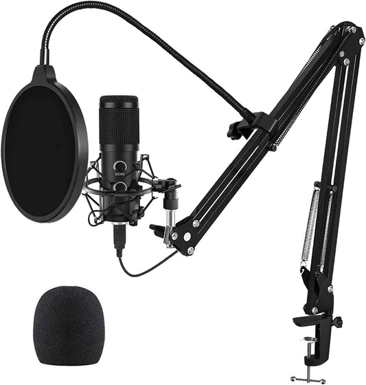 Upgraded USB Microphone for Computer, Mic for Gaming, Podcast, Live Streaming, Youtube on PC, Mic Studio Bundle with Adjustment Arm Stand, Fits for Windows & Mac PC, Plug & Play Design, Black