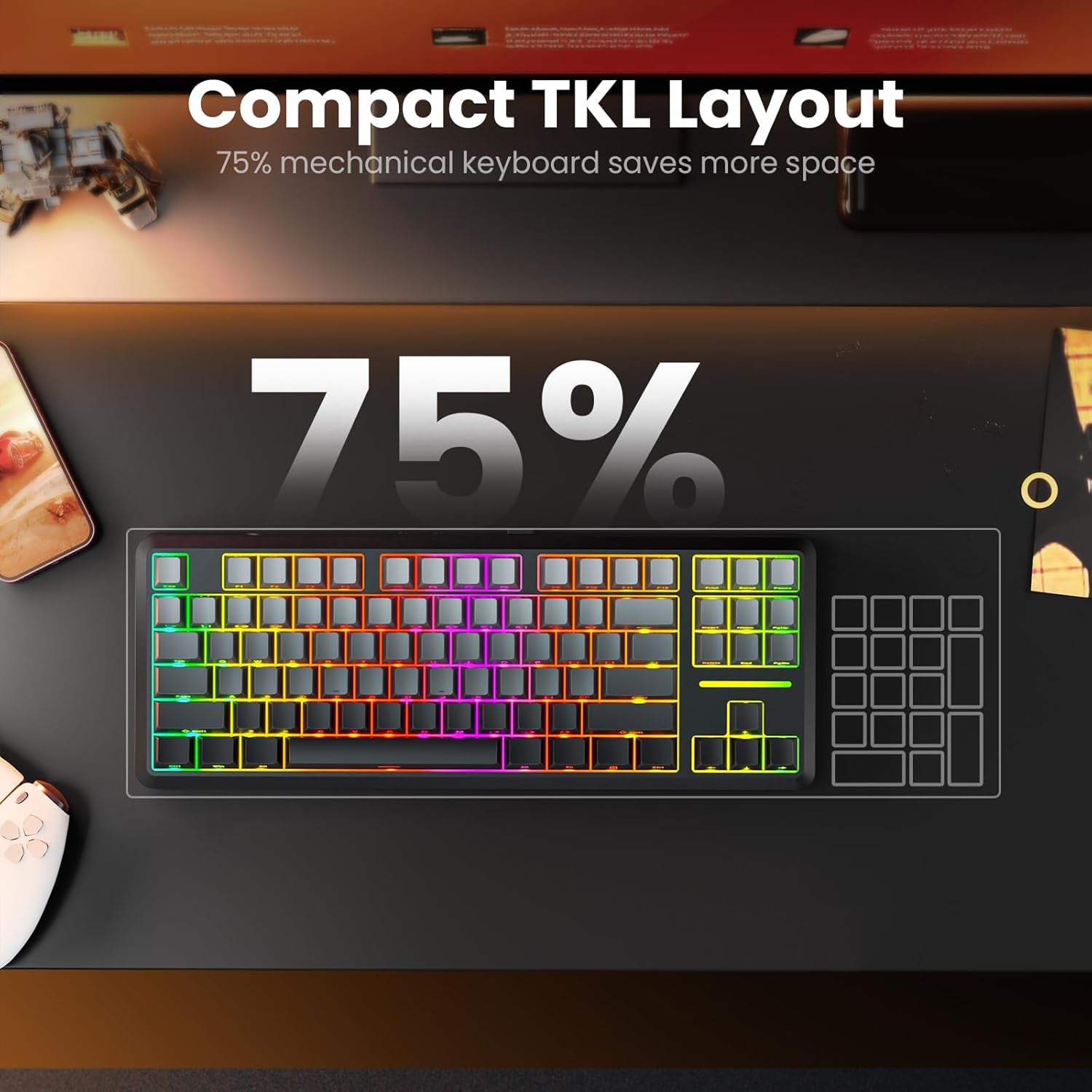 Wireless Mechanical Keyboard,3-Modes Bluetooth Gasket Hot Swappable TKL RGB Custom Keyboard,Pre-Lubed Switches,Side Printed PBT Gradient Keycaps, South-Facing Leds Socket
