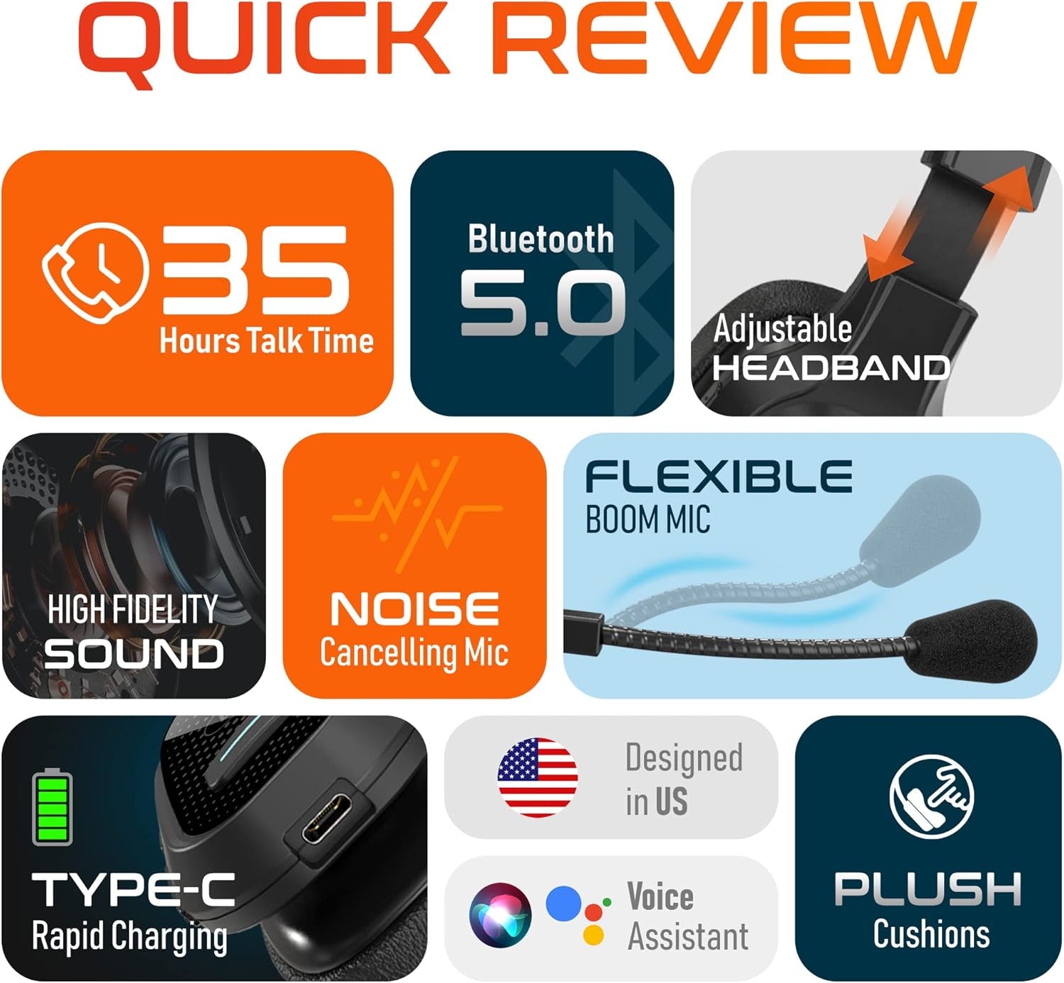 Wireless Computer Headset, Trucker Bluetooth Headset with Noise Canceling Microphone, 35Hrs Talk Time, Wireless Headset for Computer, Cell Phone, Drivers, Office, Call Center Work - Black