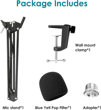 Blue Yeti Mic Boom Arm with Foam Windscreen, Suspension Boom Scissor Arm Stand with Pop Filter Cover for Blue Yeti Pro Microphone Stand by