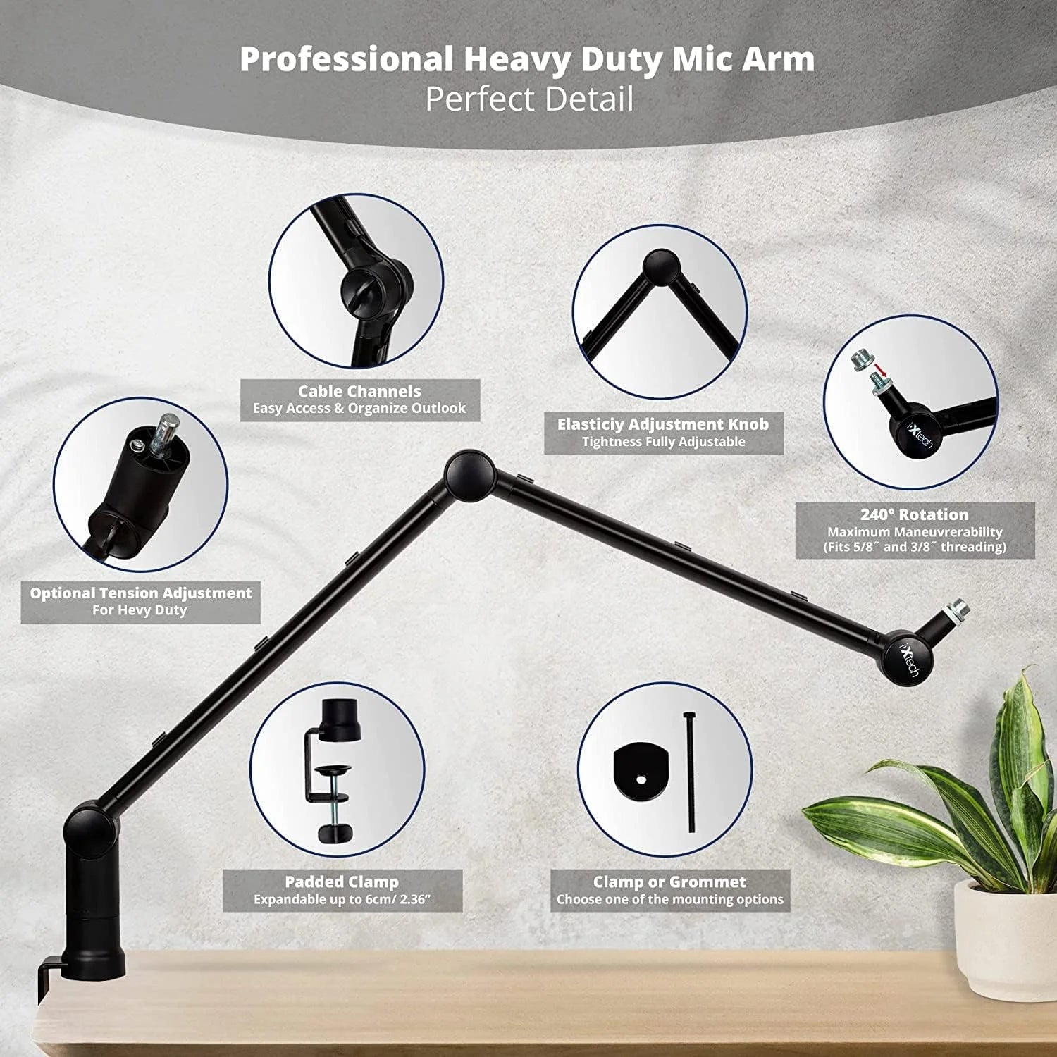 IXTECH Boom Arm - Adjustable 360 Rotatable Microphone Arm - Sturdy Stainless Steel Mic Arm Desk, Table Stand - Foldable Scissor Arm - Stable Microphone Mount Arms for Radio Studio, Podcast, Gaming