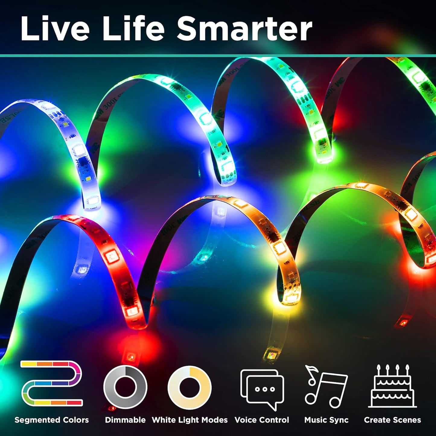 Symphony Segmented LED Smart Strip IP44 Weatherproof, RGBIC Color Changing + Music Sound Sync Wifi Strip Lights, Compatible with Alexa and Google Home, 16.4 Ft