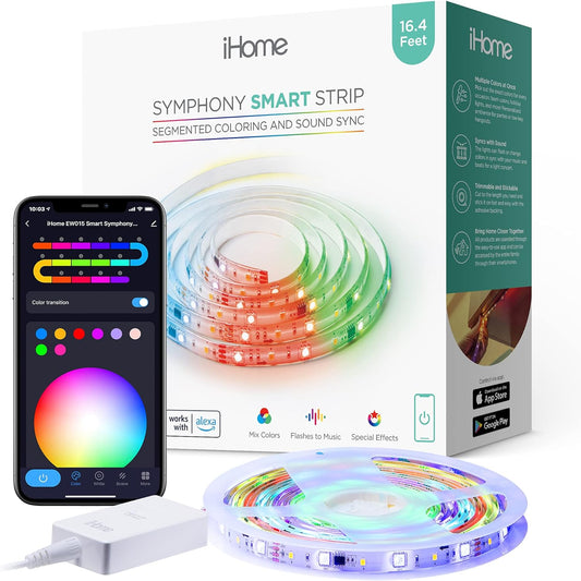 Symphony Segmented LED Smart Strip IP44 Weatherproof, RGBIC Color Changing + Music Sound Sync Wifi Strip Lights, Compatible with Alexa and Google Home, 16.4 Ft