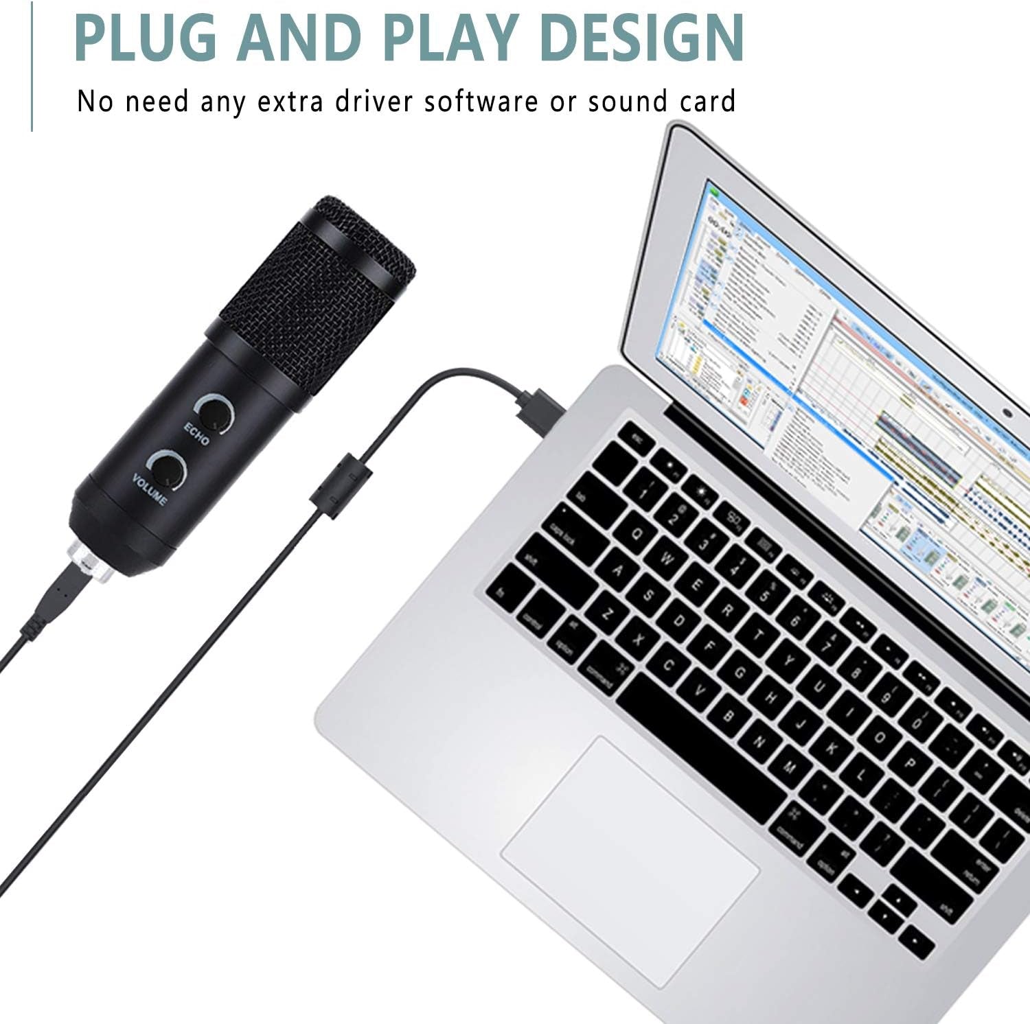 Upgraded USB Microphone for Computer, Mic for Gaming, Podcast, Live Streaming, Youtube on PC, Mic Studio Bundle with Adjustment Arm Stand, Fits for Windows & Mac PC, Plug & Play Design, Black