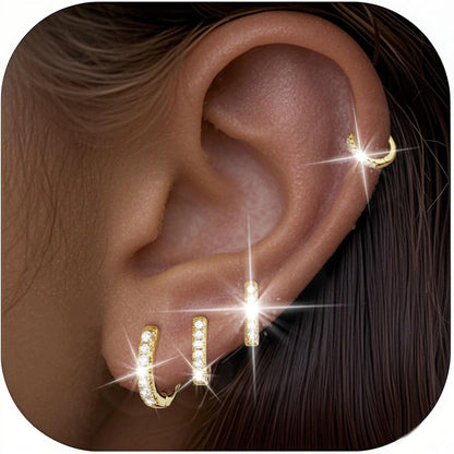 4 Pairs 18K Gold Plated Hoop Earrings for Women Cubic Zirconia Little Tiny Small Huggie Cartilage Hypoallergenic Earrings Set for Multiple Piercing Wedding Birthday Jewelry Gifts Teen Ideas
