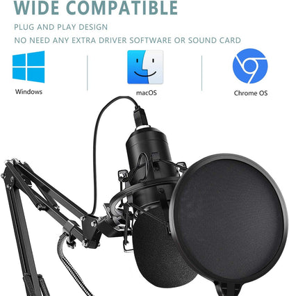 Upgraded USB Microphone for Computer, Mic for Gaming, Podcast, Live Streaming, Youtube on PC, Mic Studio Bundle with Adjustment Arm Stand, Fits for Windows & Mac PC, Plug & Play Design, Black