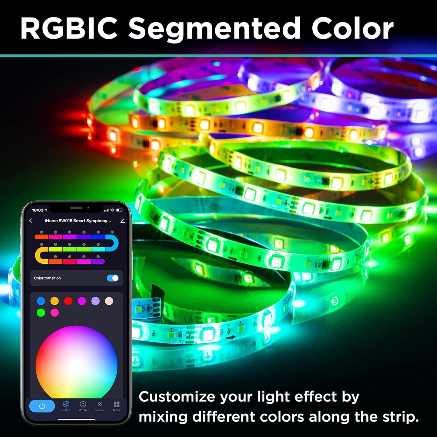 Symphony Segmented LED Smart Strip IP44 Weatherproof, RGBIC Color Changing + Music Sound Sync Wifi Strip Lights, Compatible with Alexa and Google Home, 16.4 Ft