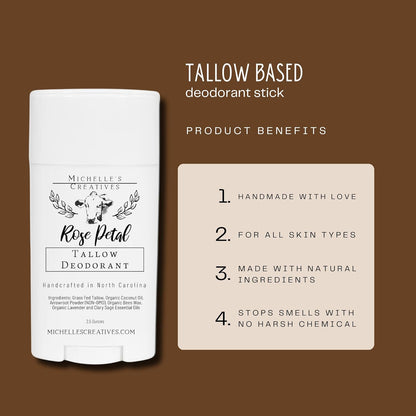 Handmade Tallow Based Deodorant Stick - Handmade with Love and Made with Natural Ingredients - Rose Pearl Deodorant - Natural Deodorant Made with Grass Fed Tallow Organic