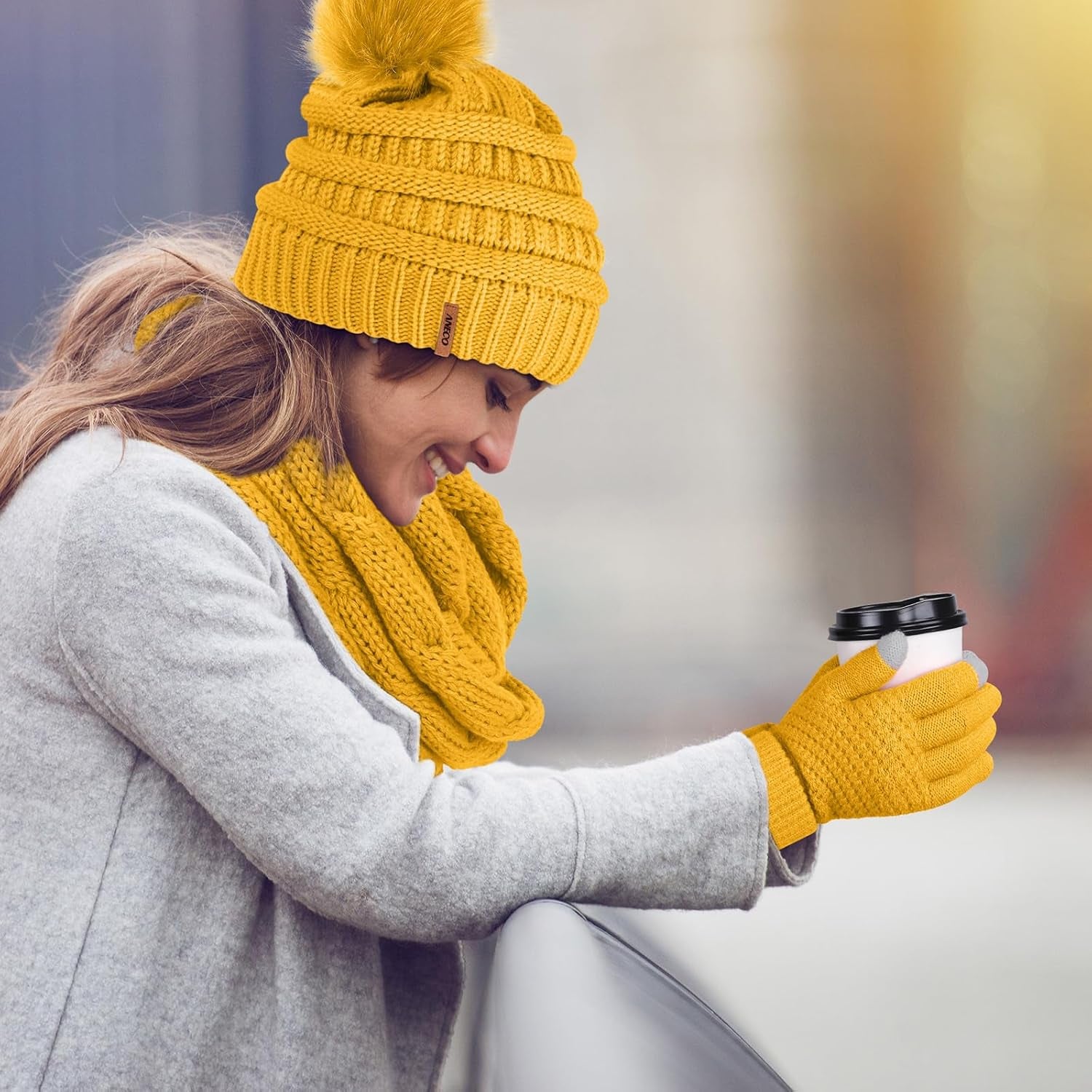 Womens Winter Warm Sets Knitted Fur Pompoms Beanie Hat Circle Loop Scarf Touch Screen Gloves Winter Favor Accessories